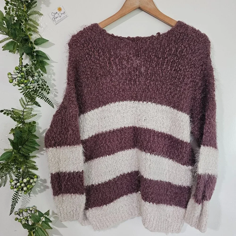 Womens Burgundy &‎ White Striped V-Neck Chunky Sweater Sz M/L《873》J - Picture 2 of 5